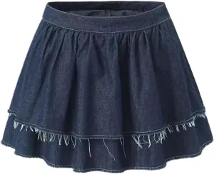 Women's Summer Vintage Layered Denim Mini Skirt with Side Zipper and High-Waisted A-Line Design