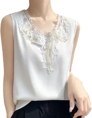 Women's V-Neck Lace Printed Chinese Style Satin Temperament Sleeveless Camisole