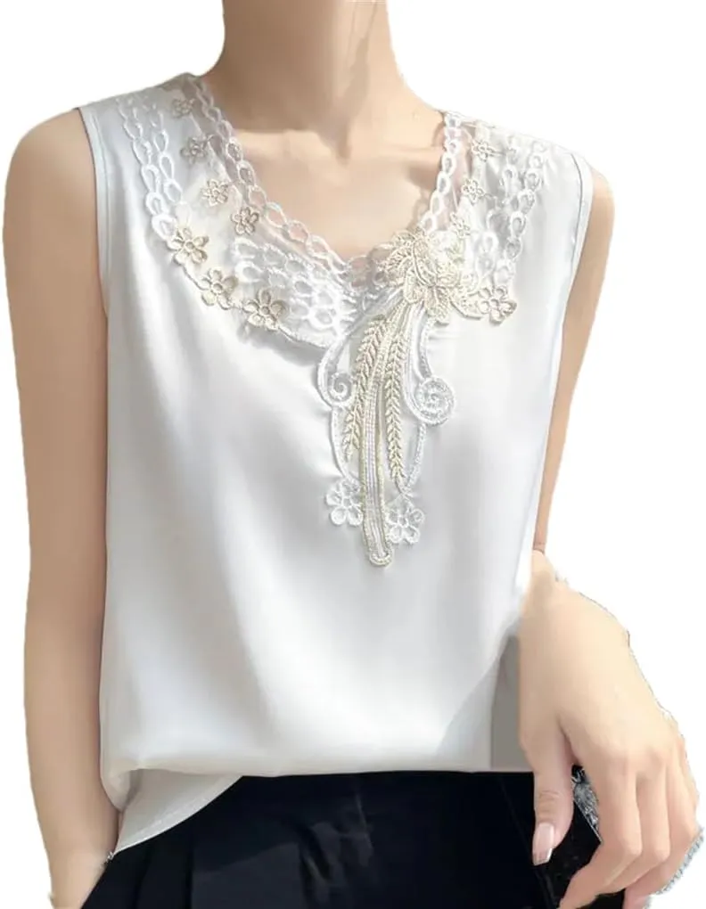 Women's V-Neck Lace Printed Chinese Style Satin Temperament Sleeveless Camisole