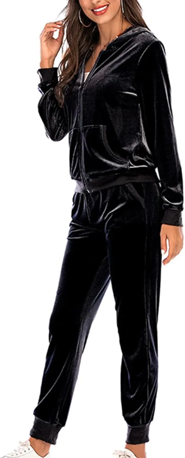 Women's Velour Tracksuits 2 Piece Outfits Trendy Velvet Hoodie & Sweatpants Sweatsuit Set Fall Winter Sportswear