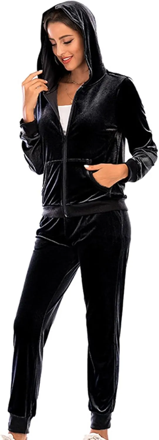 Women's Velour Tracksuits 2 Piece Outfits Trendy Velvet Hoodie & Sweatpants Sweatsuit Set Fall Winter Sportswear