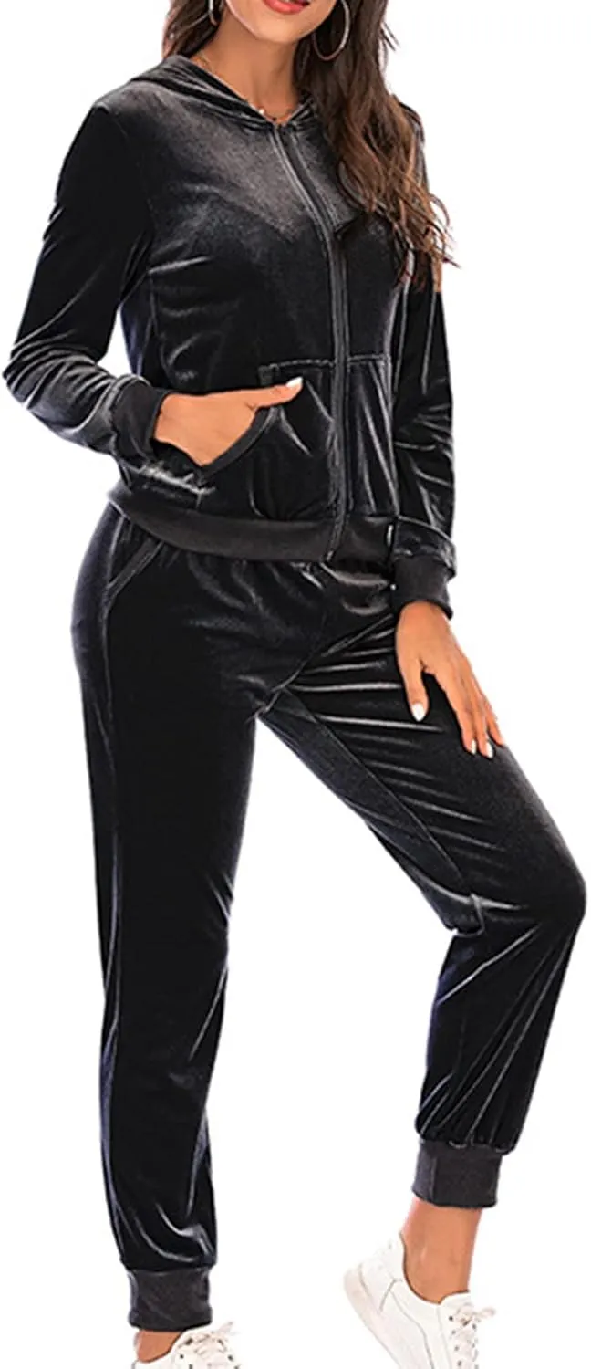 Women's Velour Tracksuits 2 Piece Outfits Trendy Velvet Hoodie & Sweatpants Sweatsuit Set Fall Winter Sportswear