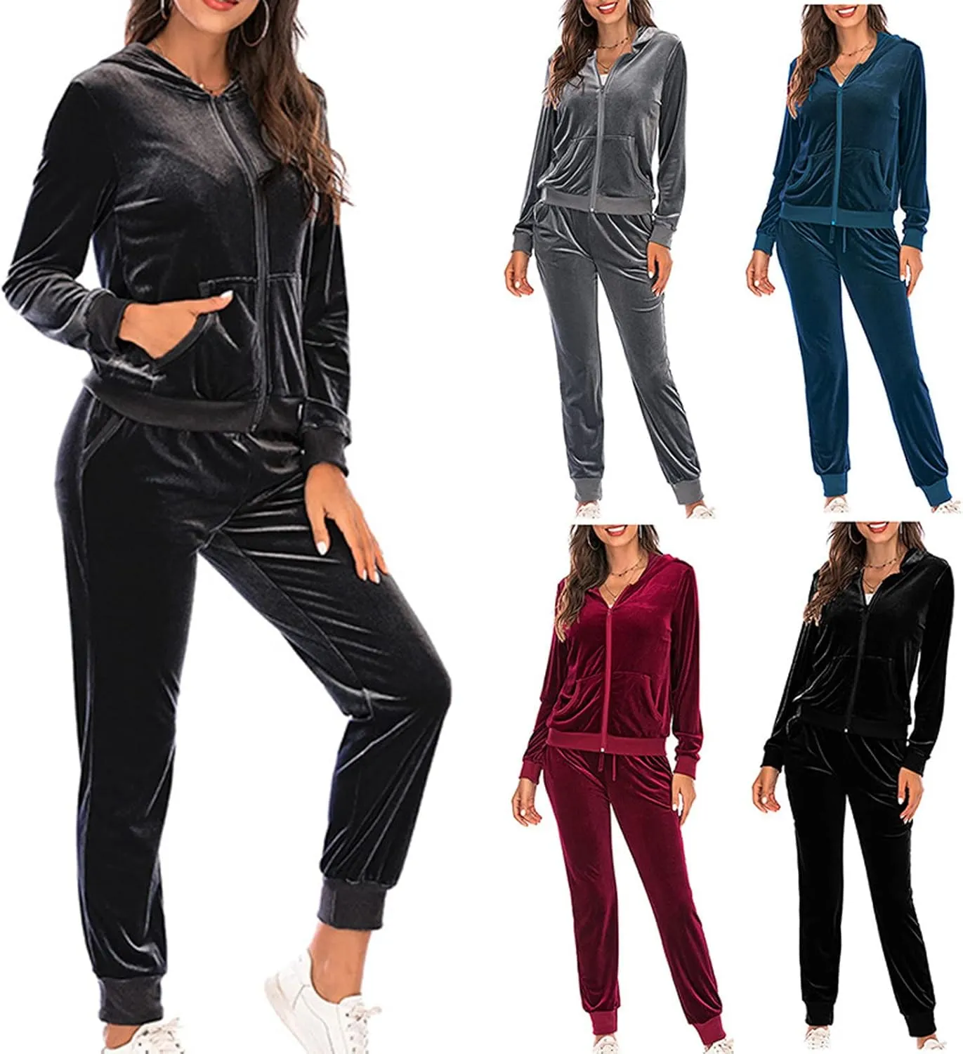 Women's Velour Tracksuits 2 Piece Outfits Trendy Velvet Hoodie & Sweatpants Sweatsuit Set Fall Winter Sportswear