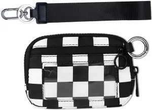 Women'S Waterproof Nylon Keychain WalletPouch Wristlet Zip Card Case with ID WindowSmall Checkered Wallets (Black and White)