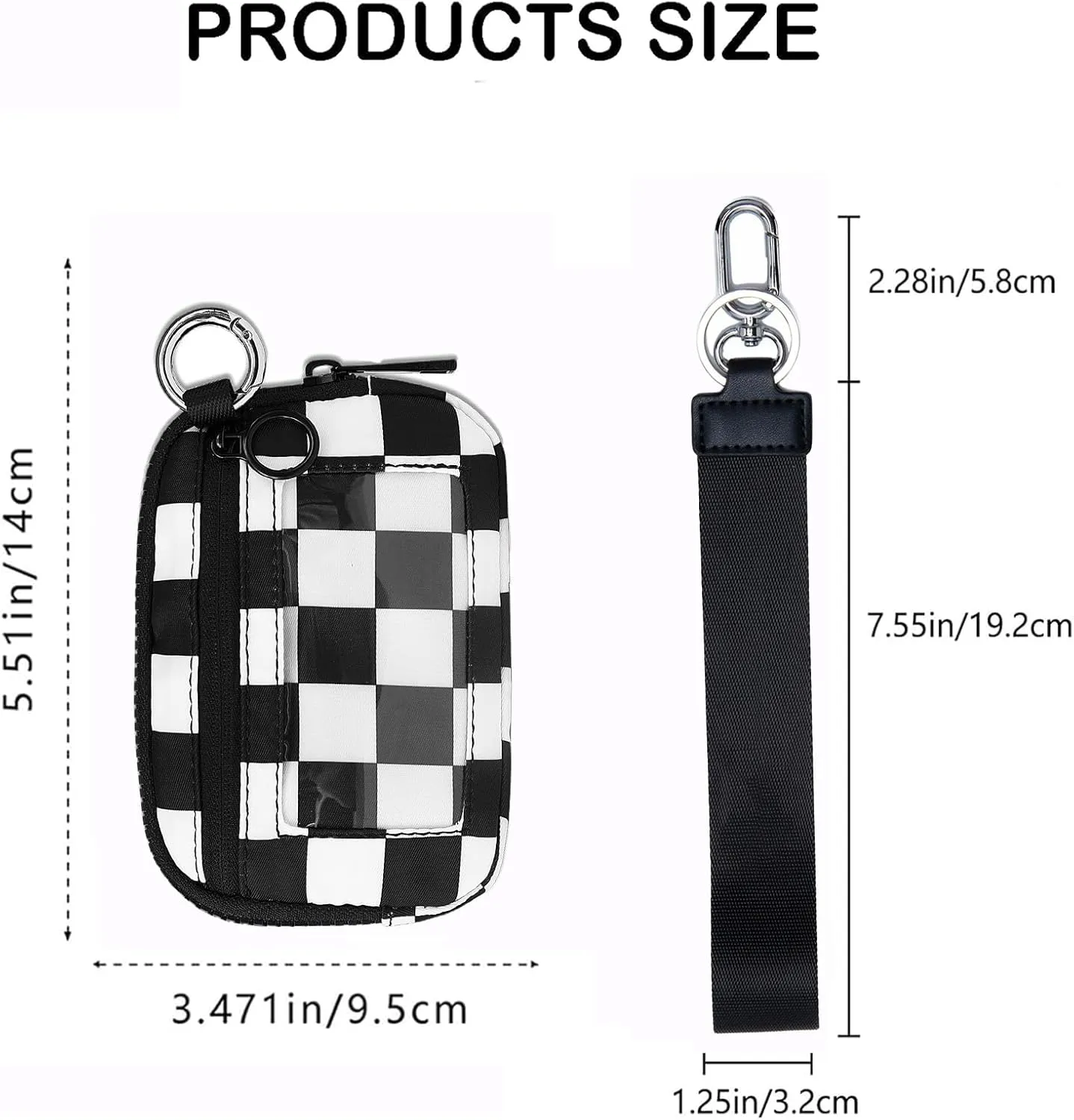 Women'S Waterproof Nylon Keychain WalletPouch Wristlet Zip Card Case with ID WindowSmall Checkered Wallets (Black and White)