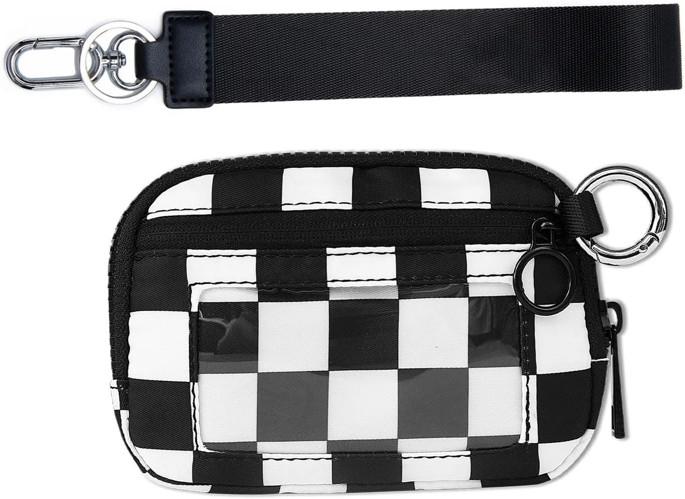 Women'S Waterproof Nylon Keychain WalletPouch Wristlet Zip Card Case with ID WindowSmall Checkered Wallets (Black and White)