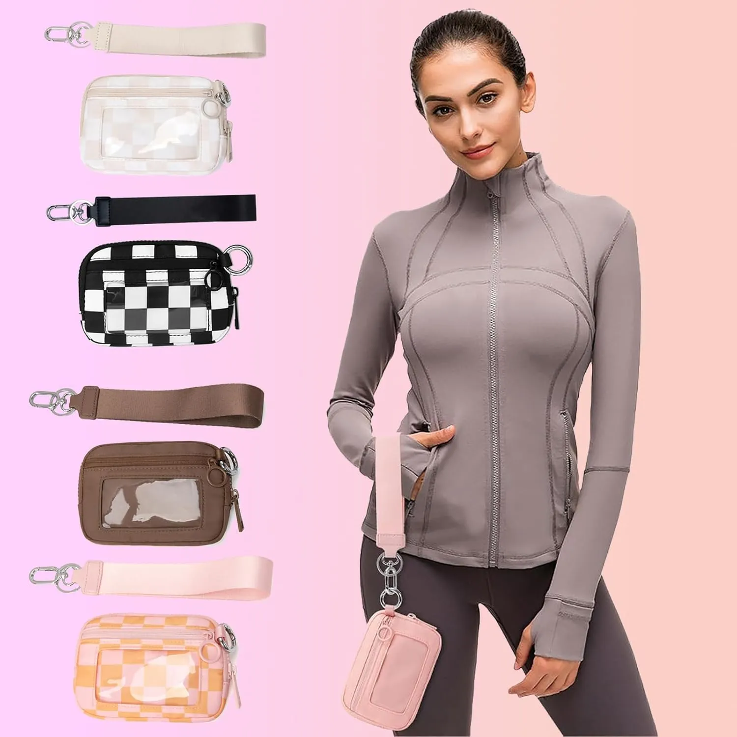 Women'S Waterproof Nylon Keychain WalletPouch Wristlet Zip Card Case with ID WindowSmall Checkered Wallets (Pink)