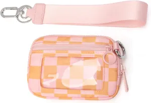 Women'S Waterproof Nylon Keychain WalletPouch Wristlet Zip Card Case with ID WindowSmall Checkered Wallets (Pink)