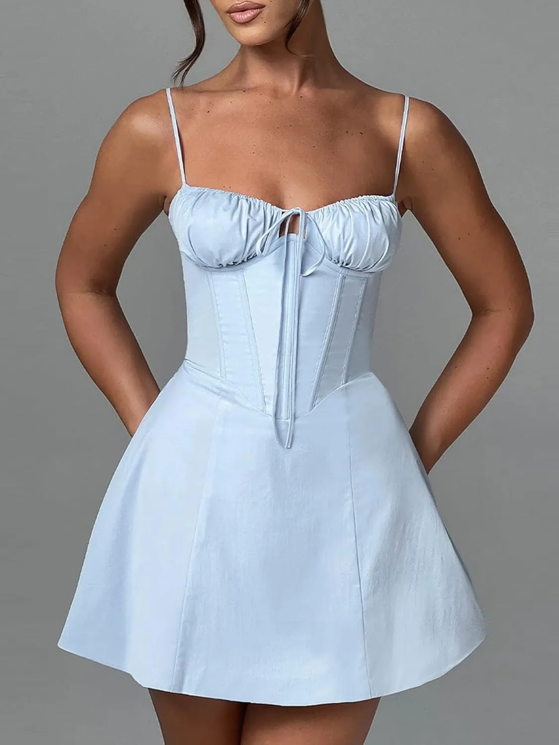 Women's Y2k Summer Flowy Corset Mini Dress Cute Backless Ruffle Preppy Short Club Party Dress