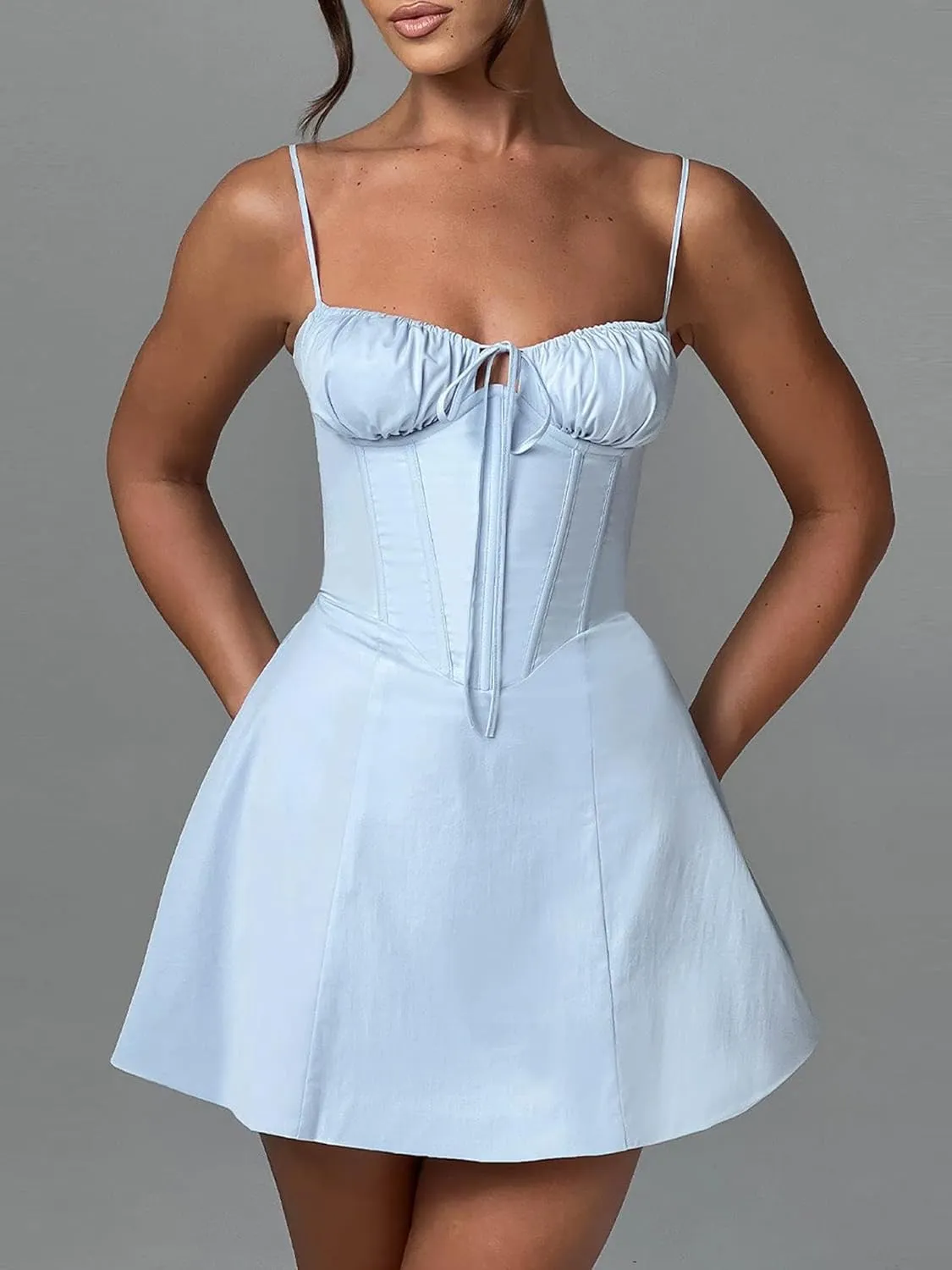 Women's Y2k Summer Flowy Corset Mini Dress Cute Backless Ruffle Preppy Short Club Party Dress