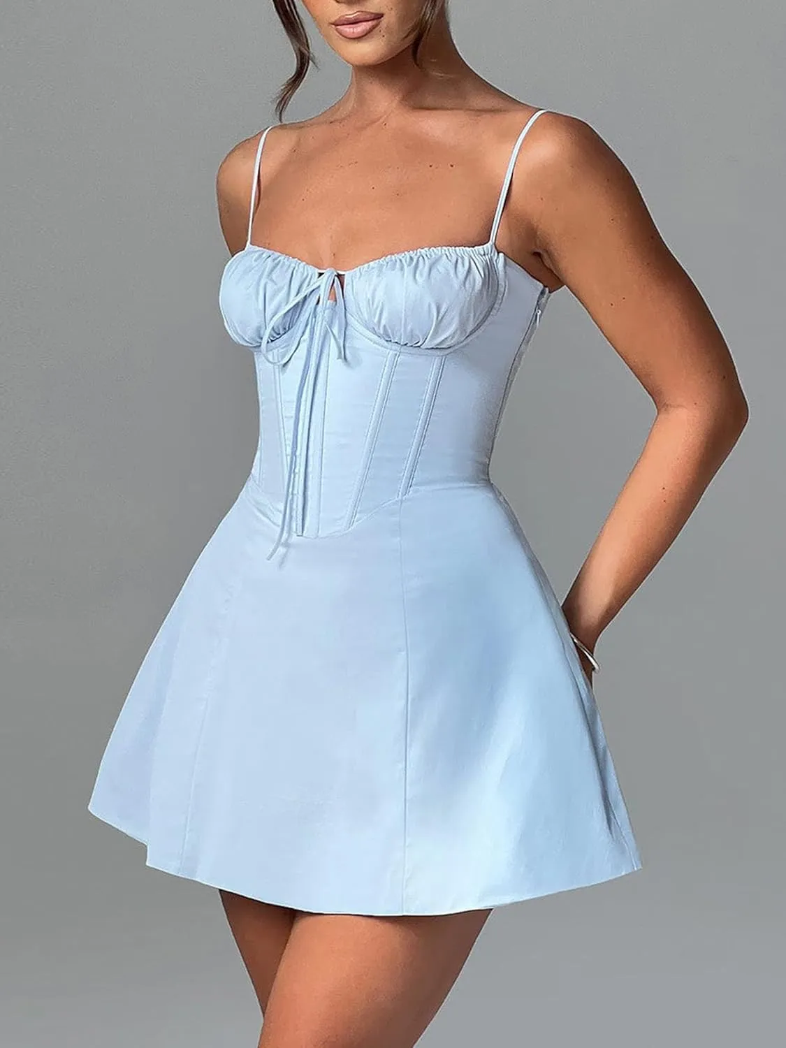 Women's Y2k Summer Flowy Corset Mini Dress Cute Backless Ruffle Preppy Short Club Party Dress