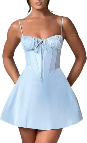 Women's Y2k Summer Flowy Corset Mini Dress Cute Backless Ruffle Preppy Short Club Party Dress