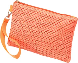 Woven Straw Handbag for Women Casual Beach Vacation Small Envelope Bag with Wristlet Zippered Wallet Purse