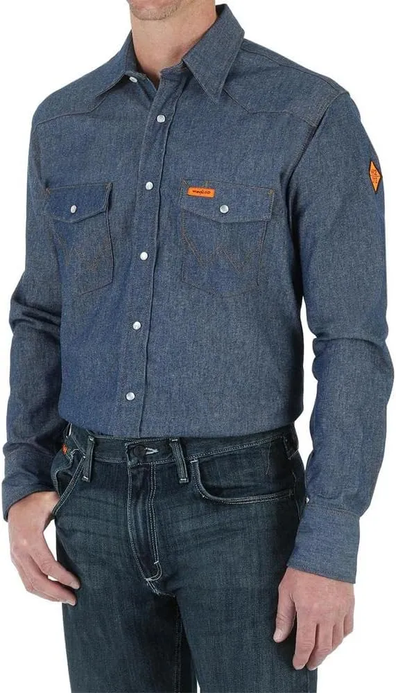 Wrangler Riggs Workwear mens Fr Flame Resistant Western Long Sleeve Two Pocket Snap Work Utility Button Down Shirt, Denim, X-Large US