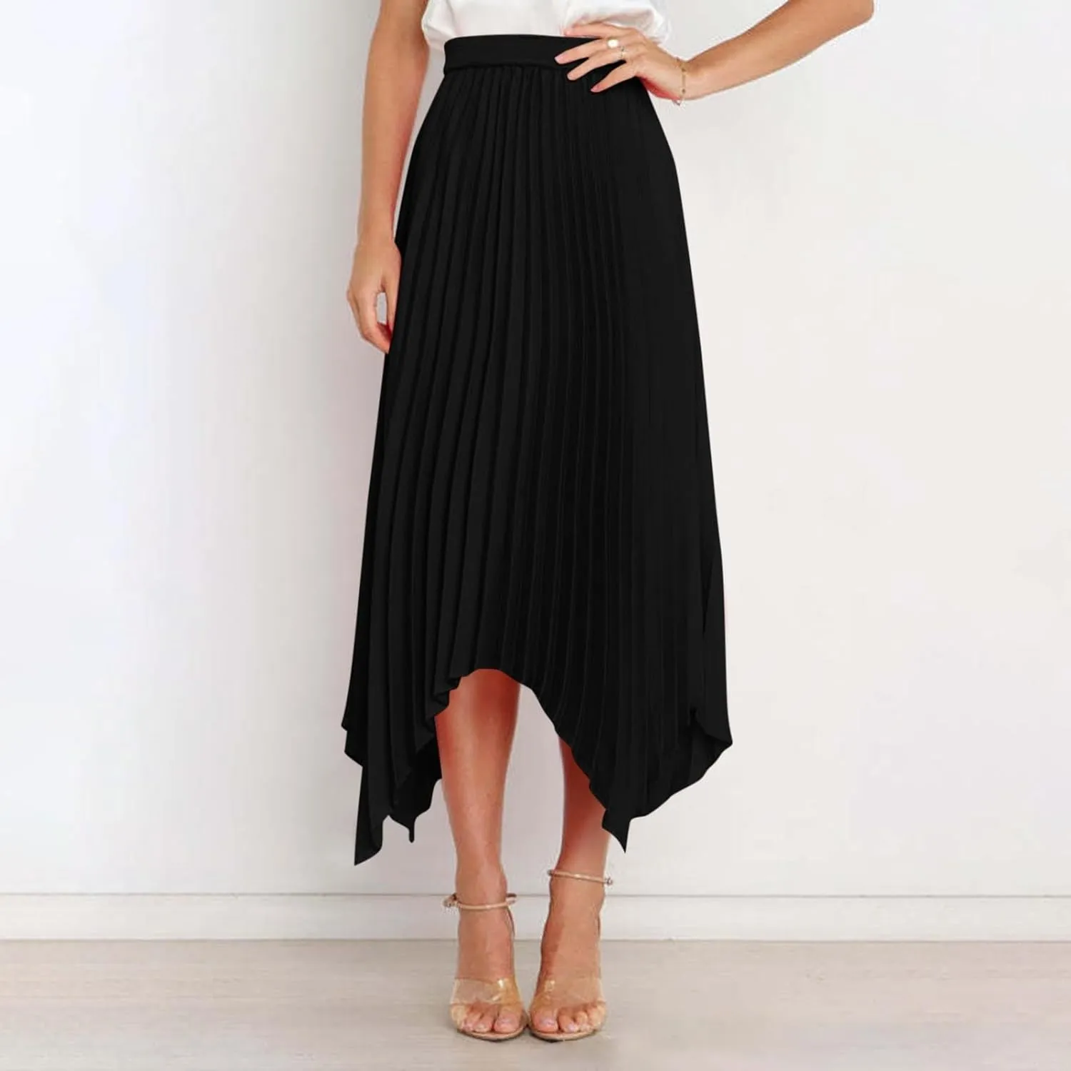 Xiaojmake Pleated Chiffon Skirts for Women High Elastic Waisted Flowy Asymmetrical Skirt Dressy High Low Summer Midi Skirts
