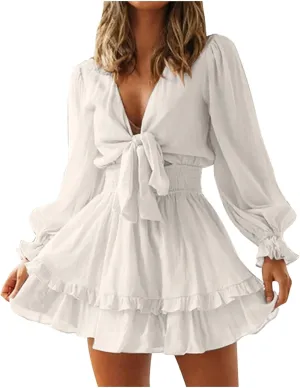 XUNRYAN Women Sexy Cutout Twist Front Summer Casual Dress 2022 V Neck Long Sleeve Dress Ruffle Swing Blouse Mini Dresses