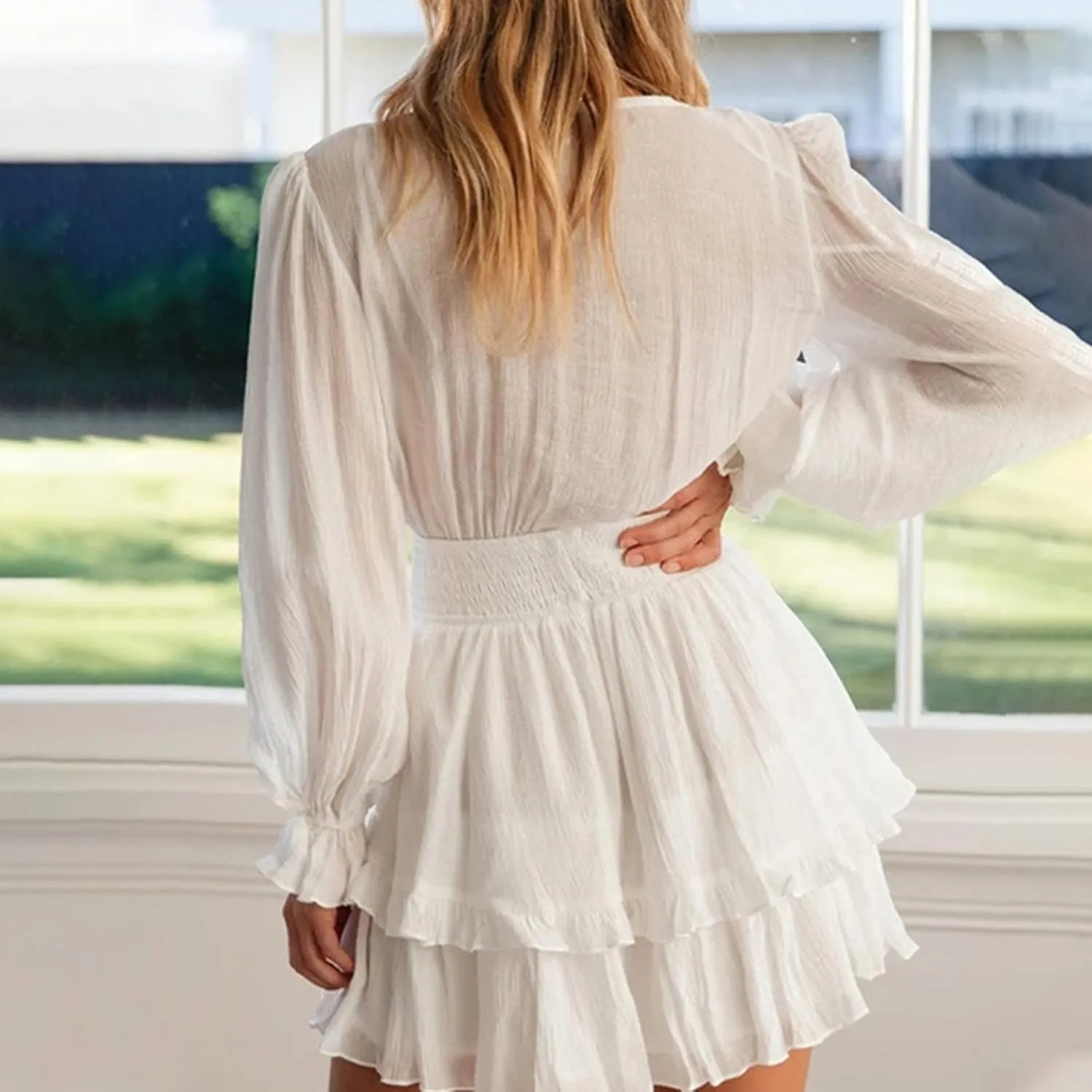 XUNRYAN Women Sexy Cutout Twist Front Summer Casual Dress 2022 V Neck Long Sleeve Dress Ruffle Swing Blouse Mini Dresses