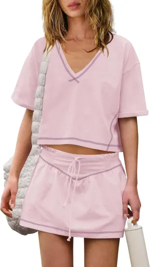 Yanekop Skort Sets Women 2 Piece Outfits Two Piece Skirt Set Workout Set Crop Tops and Mini Skirt with Shorts