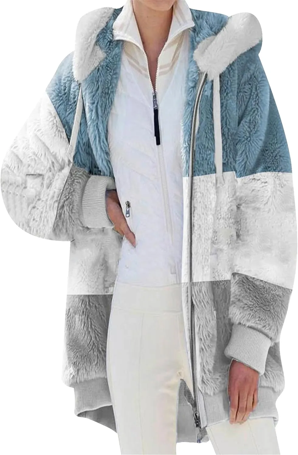 YMING Womens Winter Faux Fur Shaggy Jacket Warm Zip Up Hooded Coat Oversized Shearling Outwear with Pockets