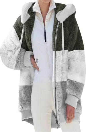 YMING Womens Winter Faux Fur Shaggy Jacket Warm Zip Up Hooded Coat Oversized Shearling Outwear with Pockets
