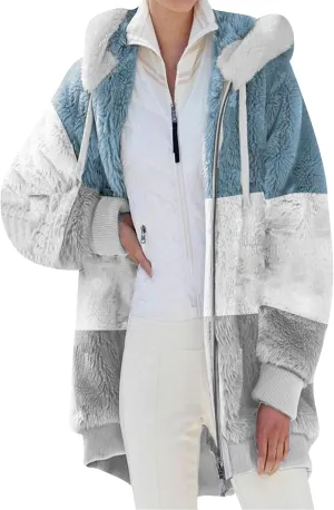 YMING Womens Winter Faux Fur Shaggy Jacket Warm Zip Up Hooded Coat Oversized Shearling Outwear with Pockets