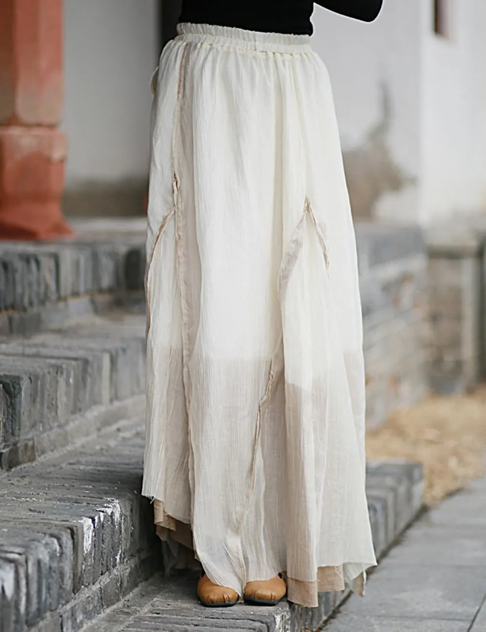 Ystylee Women Layered Long Skirt Elastic High Waist Patchwork Frayed Raw Irregular Skirt