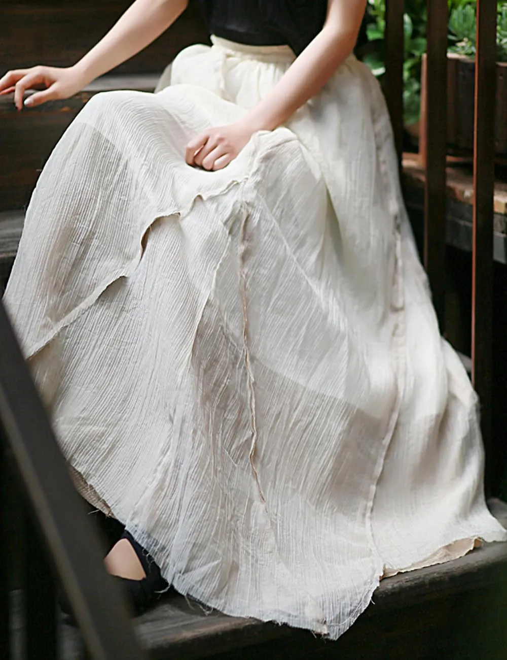 Ystylee Women Layered Long Skirt Elastic High Waist Patchwork Frayed Raw Irregular Skirt