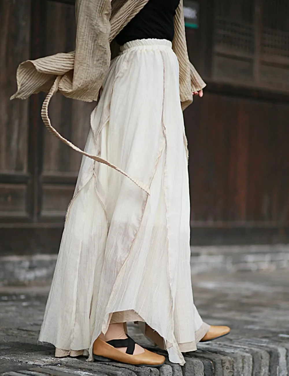 Ystylee Women Layered Long Skirt Elastic High Waist Patchwork Frayed Raw Irregular Skirt