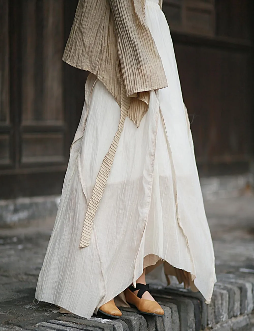 Ystylee Women Layered Long Skirt Elastic High Waist Patchwork Frayed Raw Irregular Skirt