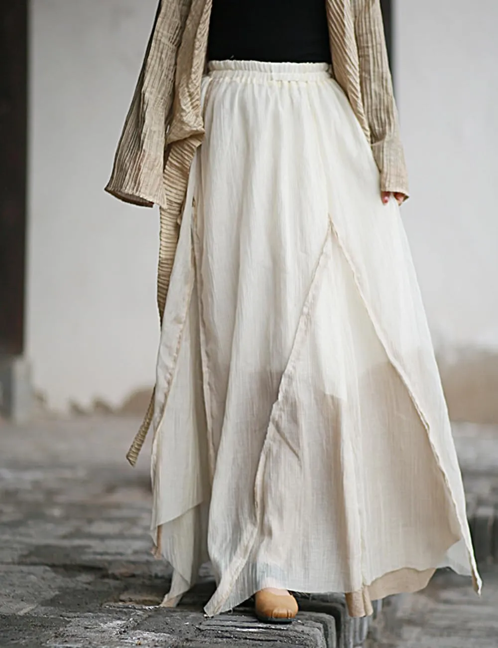 Ystylee Women Layered Long Skirt Elastic High Waist Patchwork Frayed Raw Irregular Skirt