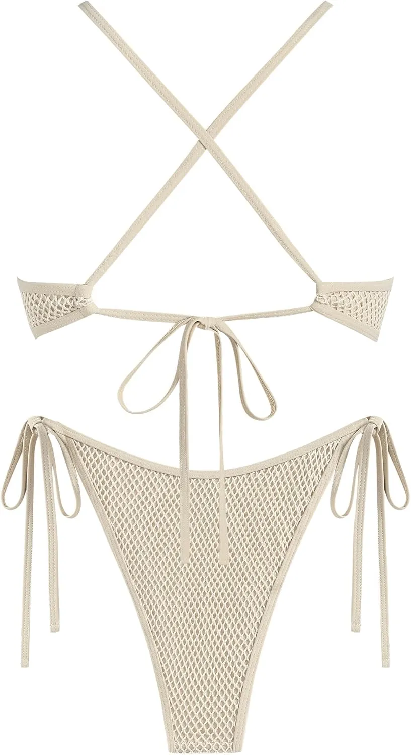 ZAFUL Women's Cutout Bikini Criss Cross Textured Metal High Leg Bikini Sets Cheeky Swimwear Two Piece Swimsuit