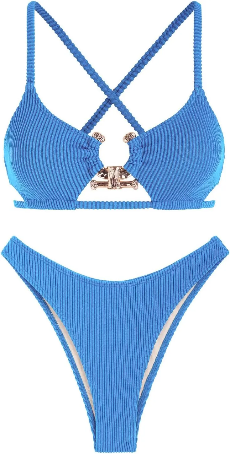ZAFUL Women's Cutout Bikini Criss Cross Textured Metal High Leg Bikini Sets Cheeky Swimwear Two Piece Swimsuit