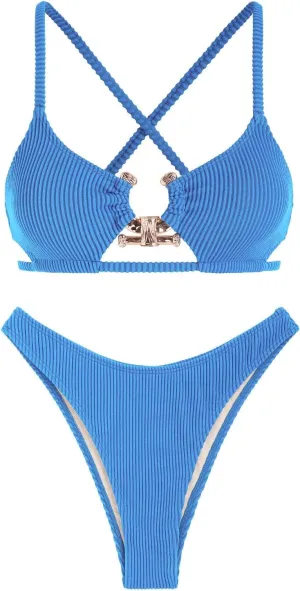 ZAFUL Women's Cutout Bikini Criss Cross Textured Metal High Leg Bikini Sets Cheeky Swimwear Two Piece Swimsuit