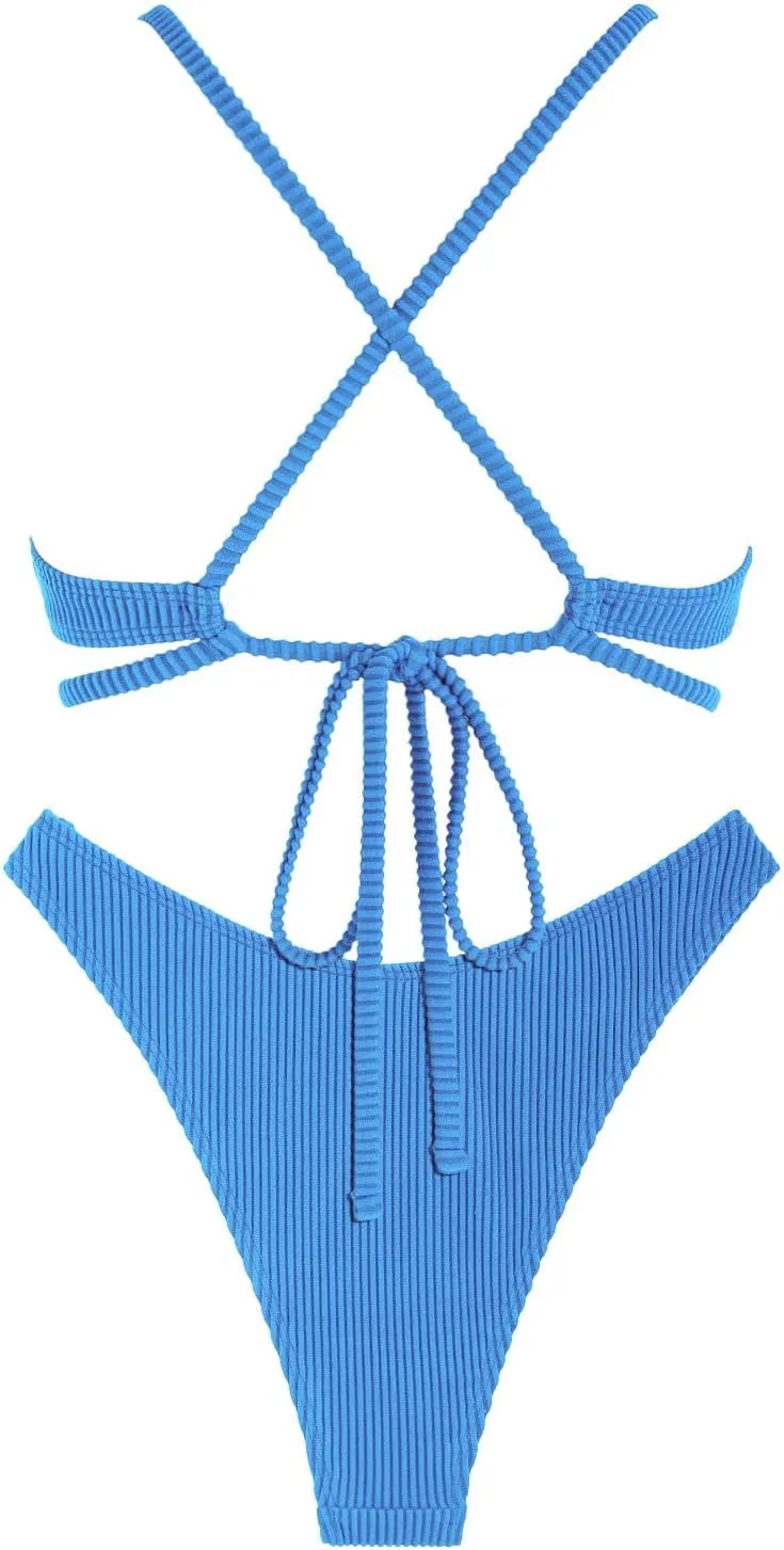 ZAFUL Women's Cutout Bikini Criss Cross Textured Metal High Leg Bikini Sets Cheeky Swimwear Two Piece Swimsuit