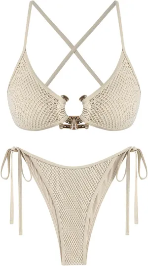ZAFUL Women's Cutout Bikini Criss Cross Textured Metal High Leg Bikini Sets Cheeky Swimwear Two Piece Swimsuit