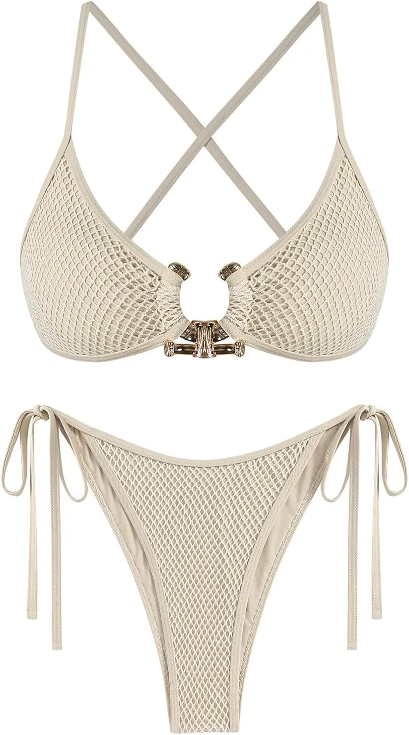 ZAFUL Women's Cutout Bikini Criss Cross Textured Metal High Leg Bikini Sets Cheeky Swimwear Two Piece Swimsuit