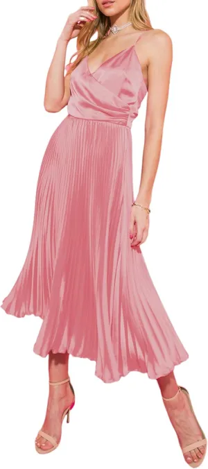 ZAFUL Womens Satin Sexy Backless Wrap V Neck Sleeveless Spaghetti Strap Pleated Flowy Party Midi Dress