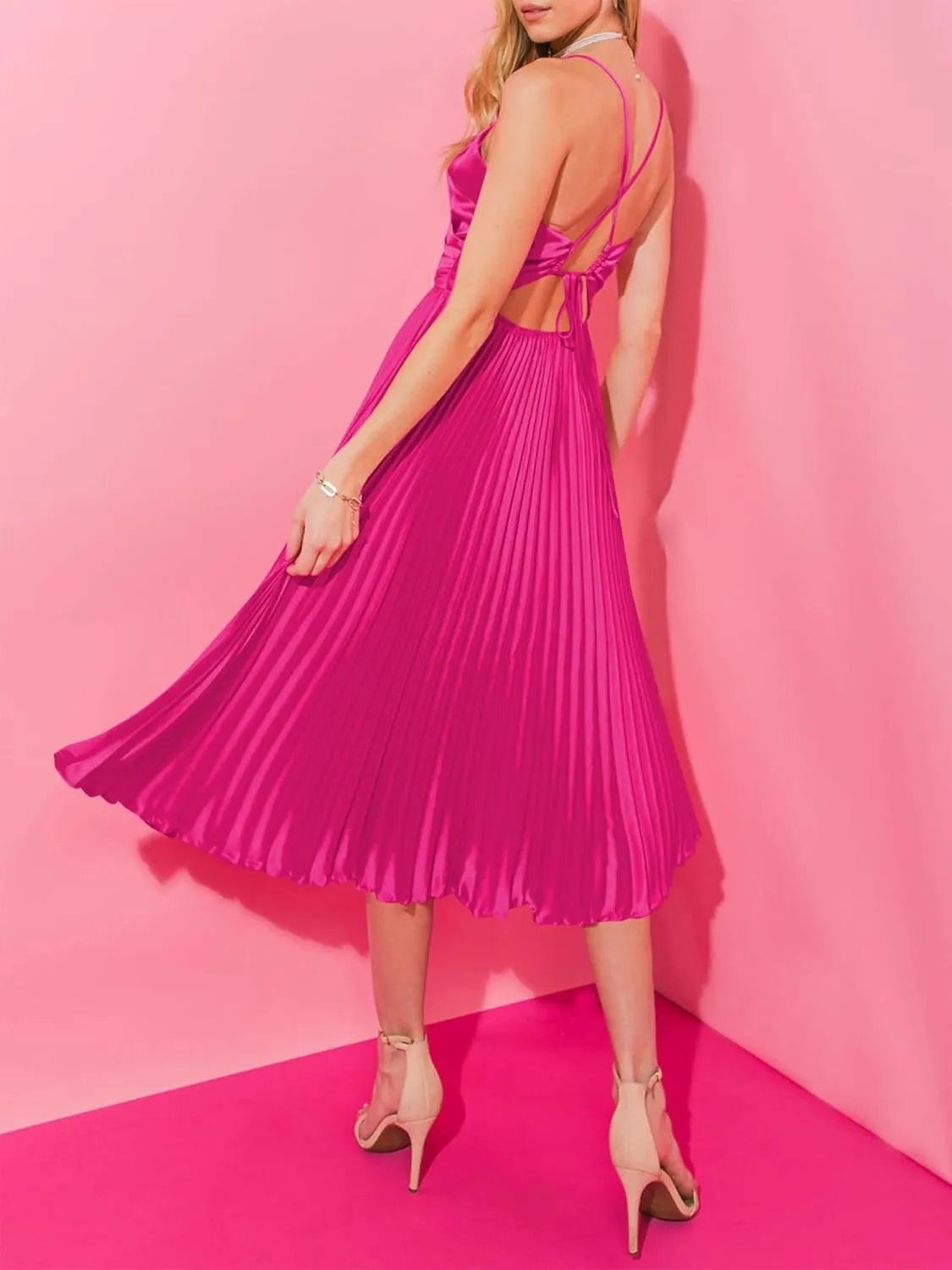 ZAFUL Womens Satin Sexy Backless Wrap V Neck Sleeveless Spaghetti Strap Pleated Flowy Party Midi Dress