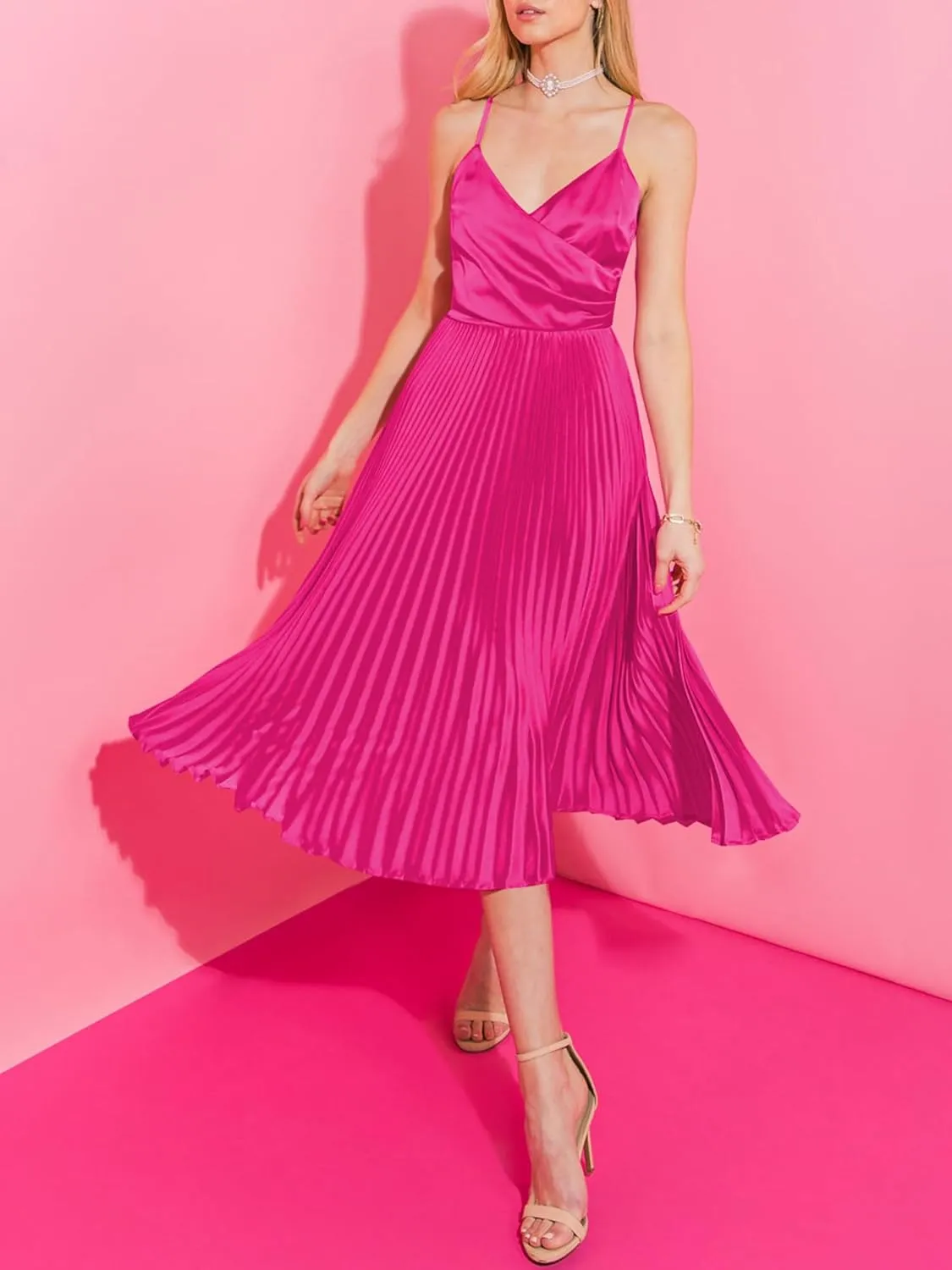 ZAFUL Womens Satin Sexy Backless Wrap V Neck Sleeveless Spaghetti Strap Pleated Flowy Party Midi Dress