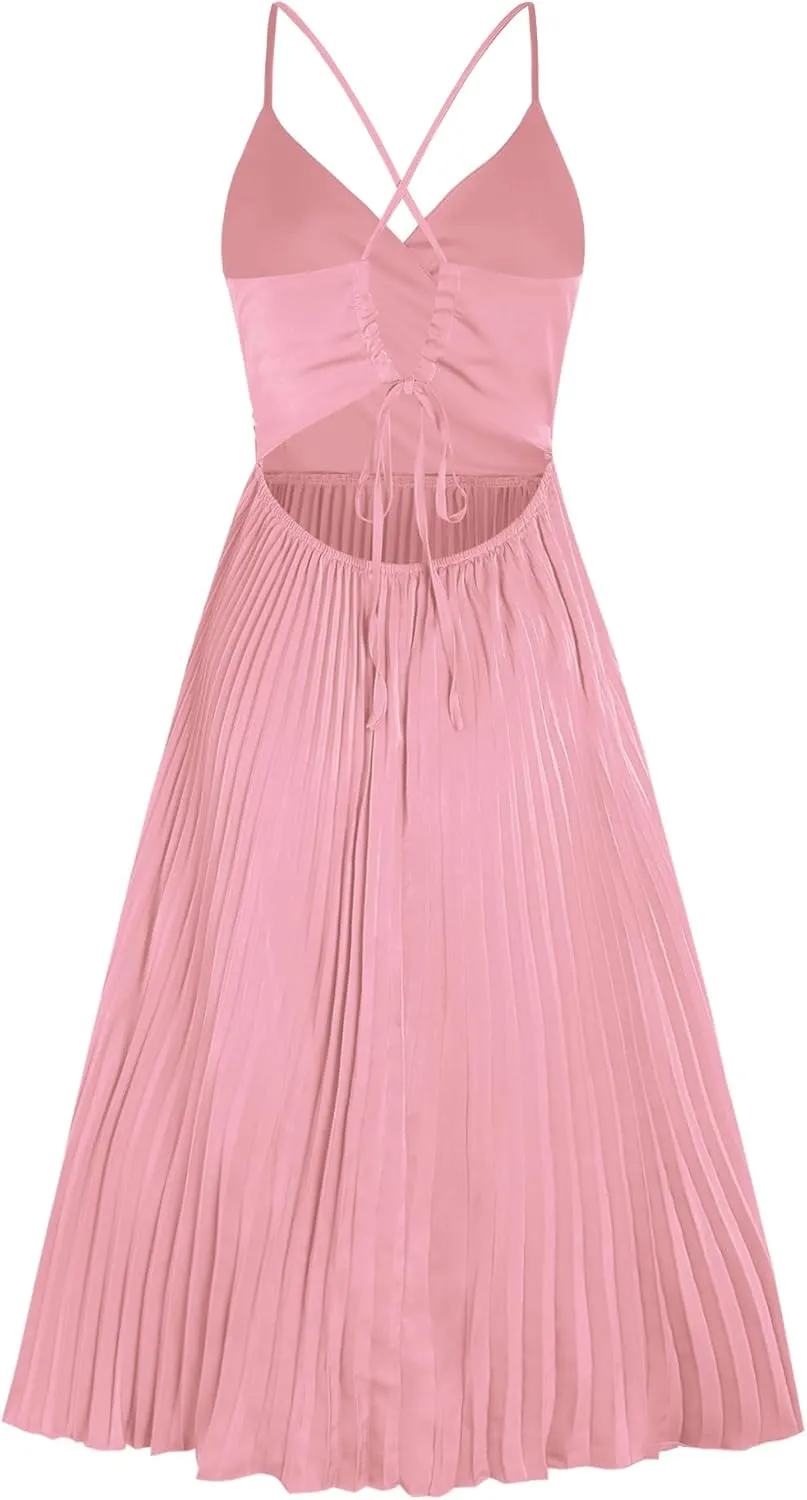 ZAFUL Womens Satin Sexy Backless Wrap V Neck Sleeveless Spaghetti Strap Pleated Flowy Party Midi Dress