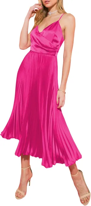 ZAFUL Womens Satin Sexy Backless Wrap V Neck Sleeveless Spaghetti Strap Pleated Flowy Party Midi Dress