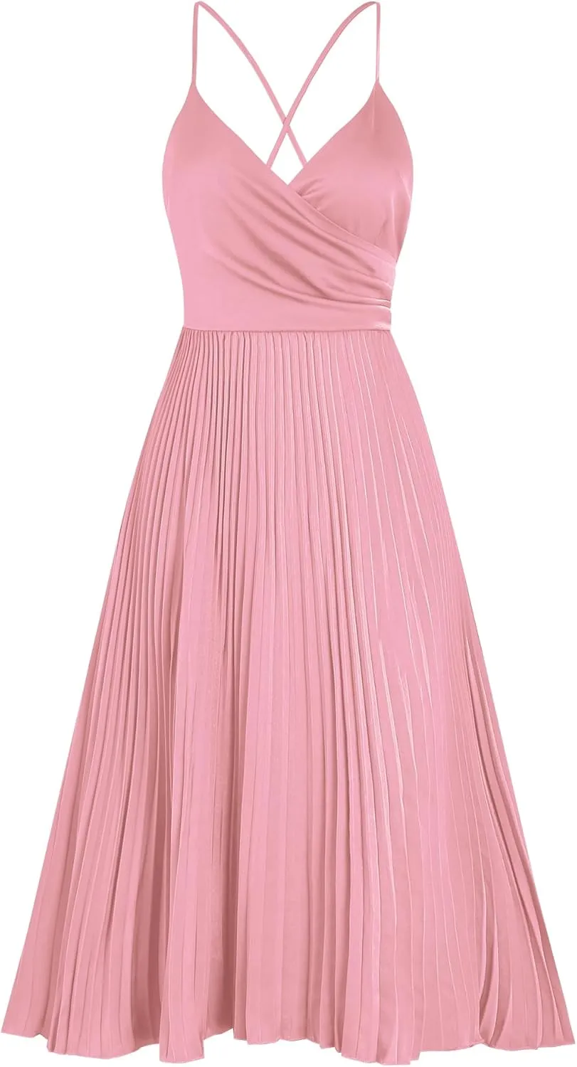 ZAFUL Womens Satin Sexy Backless Wrap V Neck Sleeveless Spaghetti Strap Pleated Flowy Party Midi Dress