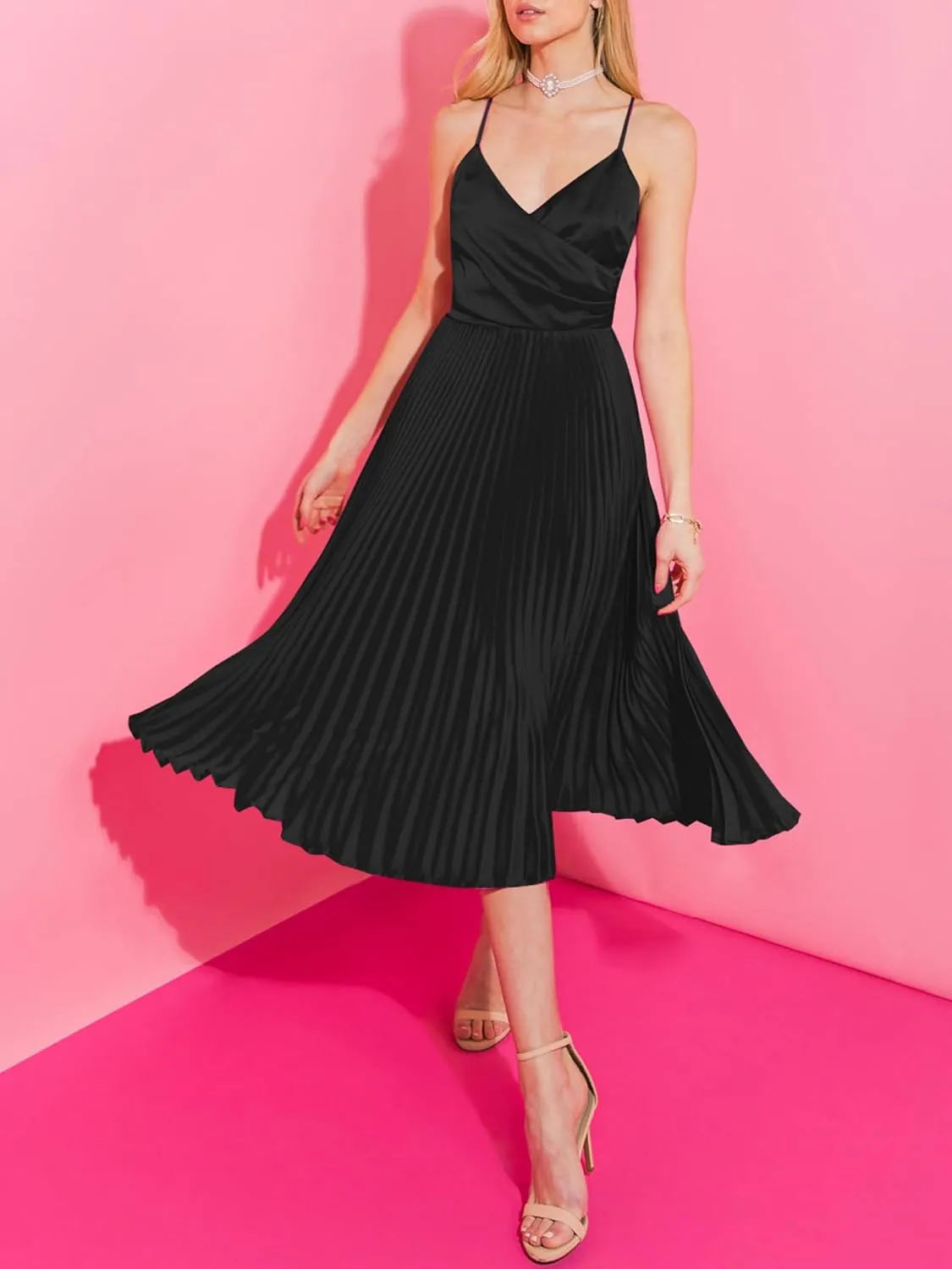 ZAFUL Womens Satin Sexy Backless Wrap V Neck Sleeveless Spaghetti Strap Pleated Flowy Party Midi Dress
