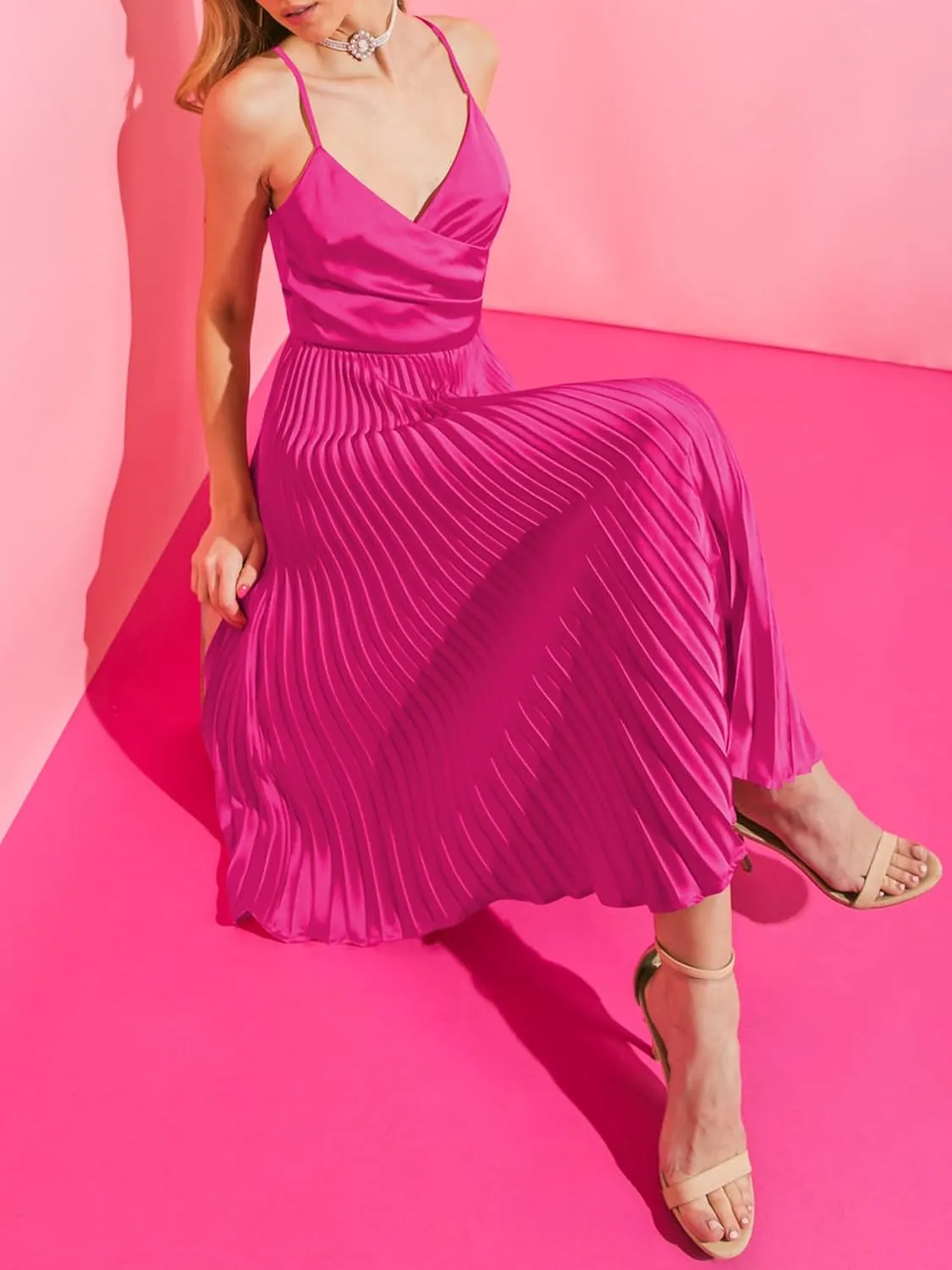 ZAFUL Womens Satin Sexy Backless Wrap V Neck Sleeveless Spaghetti Strap Pleated Flowy Party Midi Dress