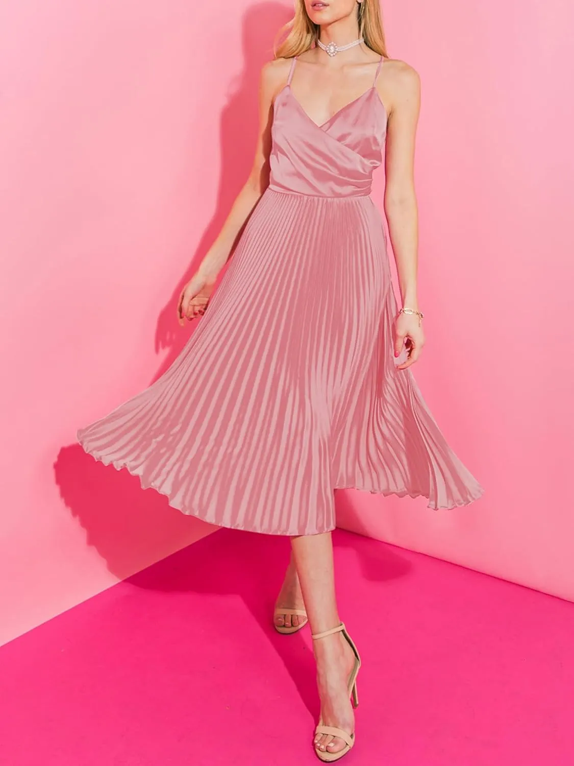 ZAFUL Womens Satin Sexy Backless Wrap V Neck Sleeveless Spaghetti Strap Pleated Flowy Party Midi Dress