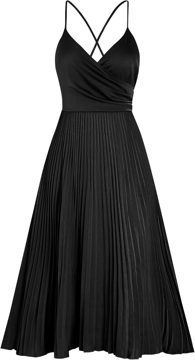 ZAFUL Womens Satin Sexy Backless Wrap V Neck Sleeveless Spaghetti Strap Pleated Flowy Party Midi Dress