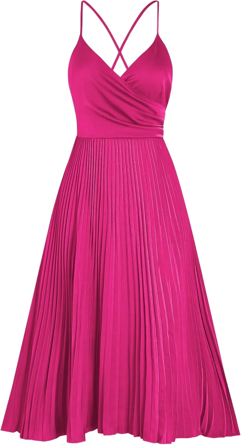 ZAFUL Womens Satin Sexy Backless Wrap V Neck Sleeveless Spaghetti Strap Pleated Flowy Party Midi Dress