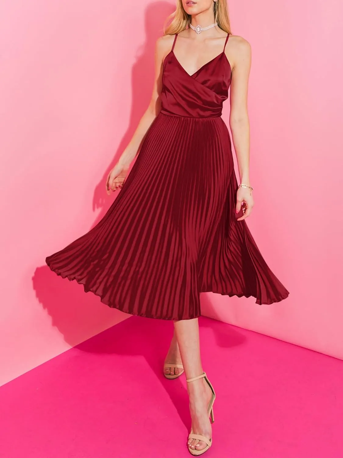 ZAFUL Womens Satin Sexy Backless Wrap V Neck Sleeveless Spaghetti Strap Pleated Flowy Party Midi Dress