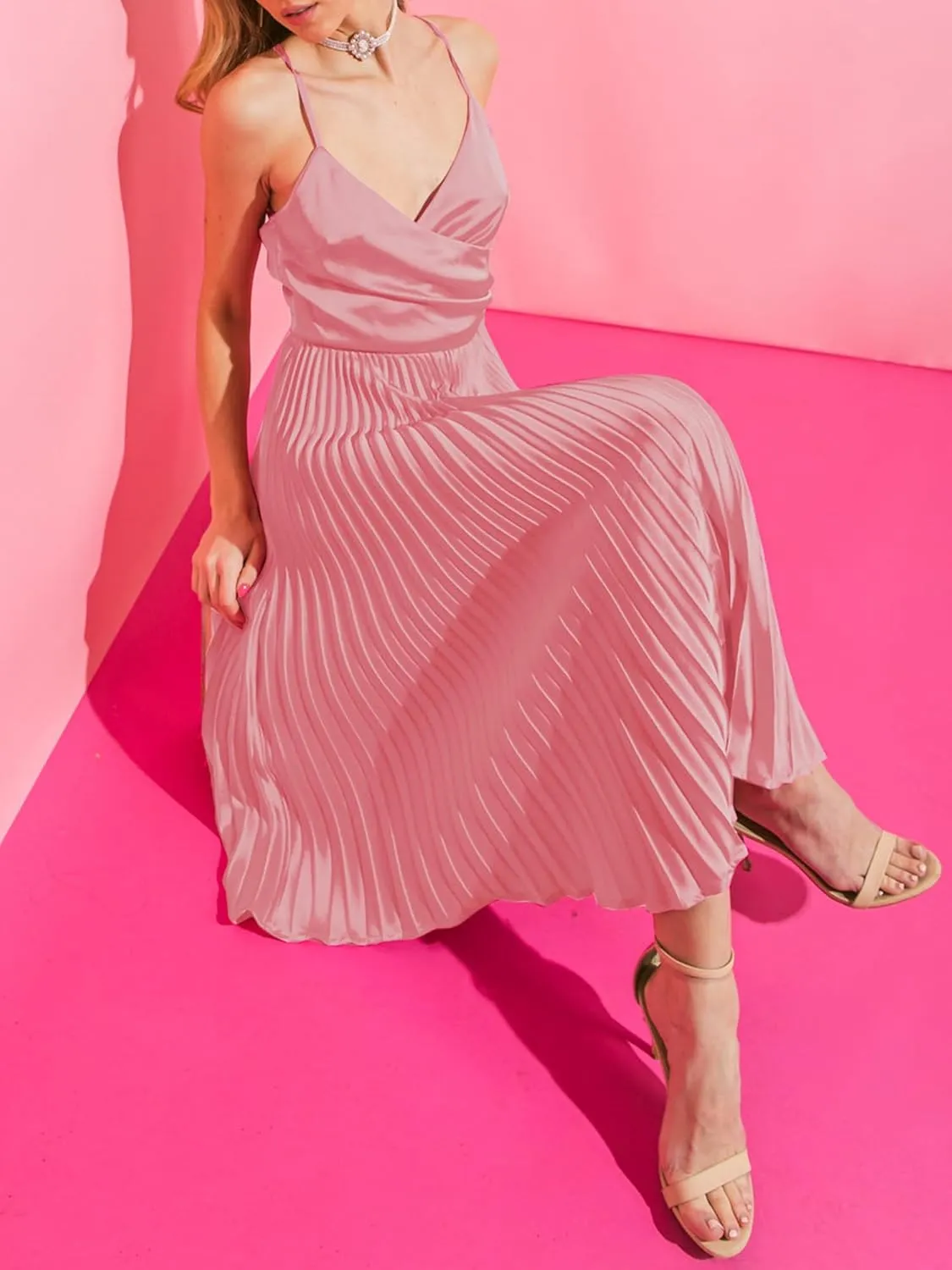 ZAFUL Womens Satin Sexy Backless Wrap V Neck Sleeveless Spaghetti Strap Pleated Flowy Party Midi Dress