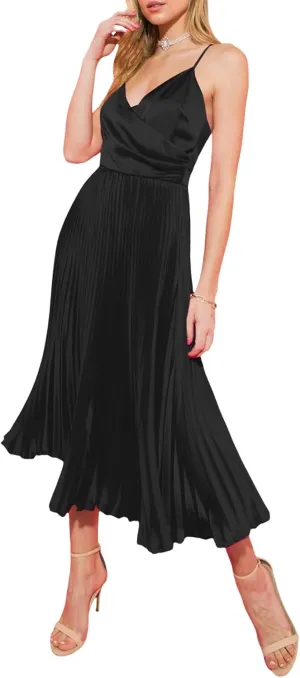 ZAFUL Womens Satin Sexy Backless Wrap V Neck Sleeveless Spaghetti Strap Pleated Flowy Party Midi Dress